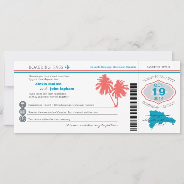 Dominican Republic Boarding PassWedding Invitation (Front)