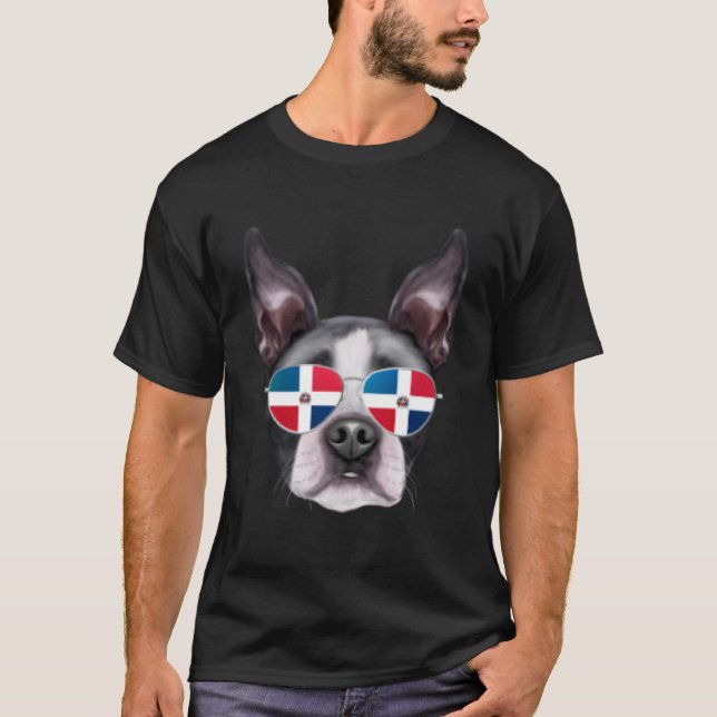 Dominican Republic Flag Boston Terrier Dog Pocket T-Shirt (Front)