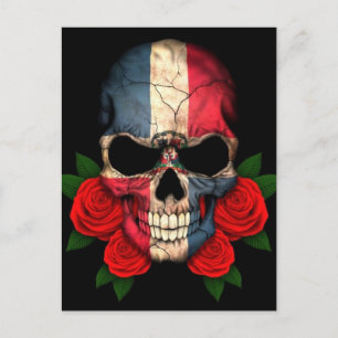 Dominican Republic Flag Skull with Red Roses Postcard