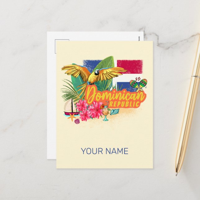 Dominican Republic Retro Caribbean Island Parrot Holiday Postcard (Front/Back In Situ)