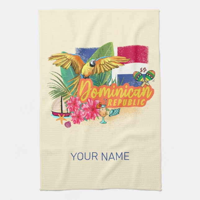 Dominican Republic Retro Caribbean Island Parrot Tea Towel (Vertical)
