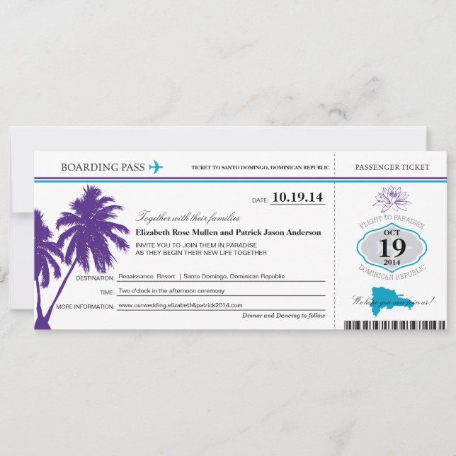 Dominican Republic Wedding Boarding Pass Invitation (Front)
