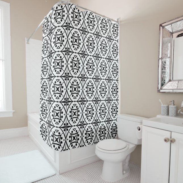 Domino Geometric Tile Print Pattern Black & White Shower Curtain (In Situ)