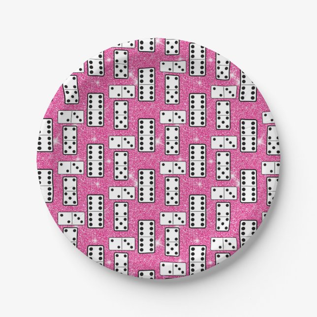 Domino Pieces Dominoes Board Game Pink Glitter Paper Plate (Front)