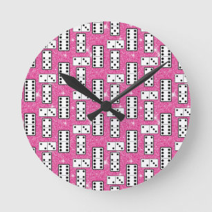 Domino Pieces Dominoes Board Game Pink Glitter Round Clock