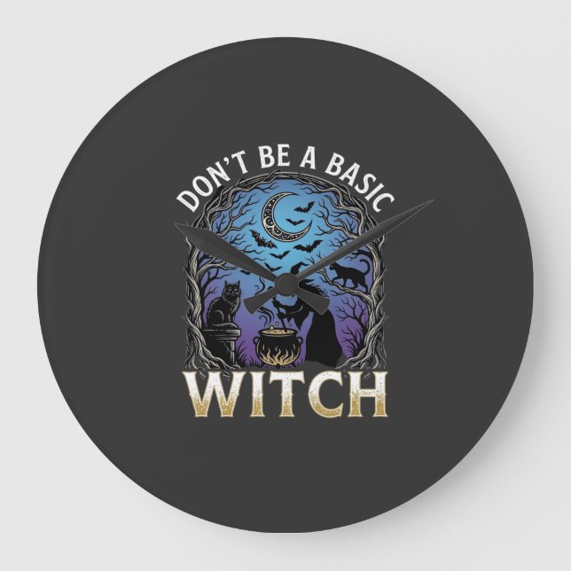 Don Be Basic Witch Halloween Cauldron Black Cats Large Clock (Front)