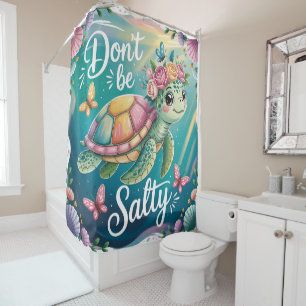 Don’t Be Salty Cute Floral Turtle Tropical Vibes Shower Curtain