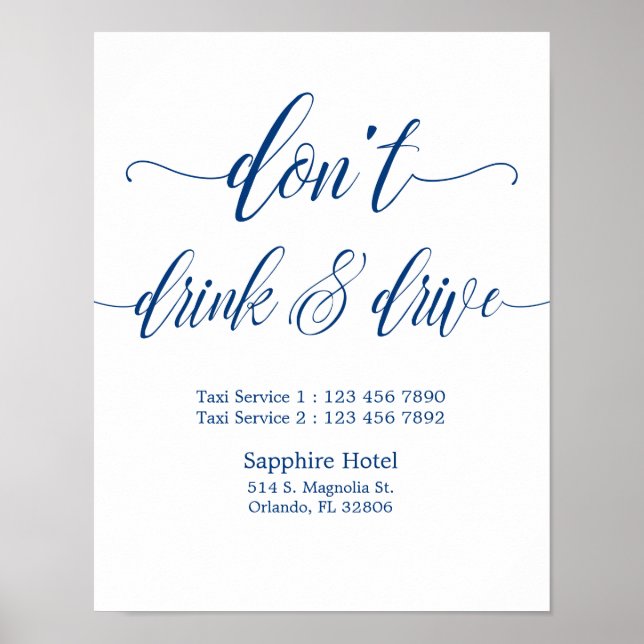 Don’t Drink & Drive Wedding Sign in Navy Blue (Front)