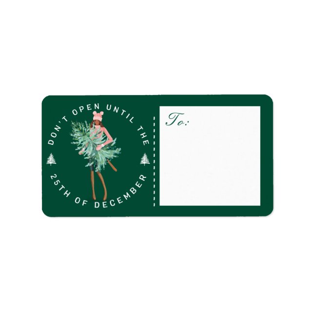 Don’t Open Until Christmas Girl Holding Tree Label (Front)