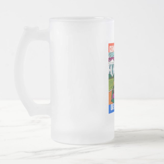 DONALD TRUMP - CLEANING UP AMERICA, ONE BAG A TIME FROSTED GLASS BEER MUG (Left)
