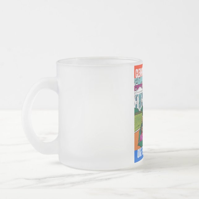 DONALD TRUMP - CLEANING UP AMERICA, ONE BAG A TIME FROSTED GLASS COFFEE MUG (Left)
