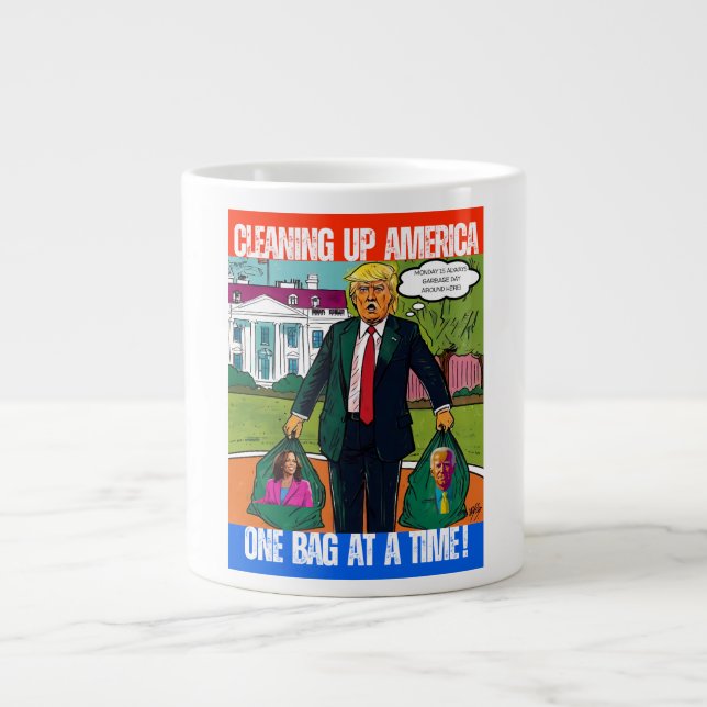 DONALD TRUMP - CLEANING UP AMERICA, ONE BAG A TIME LARGE COFFEE MUG (Front)