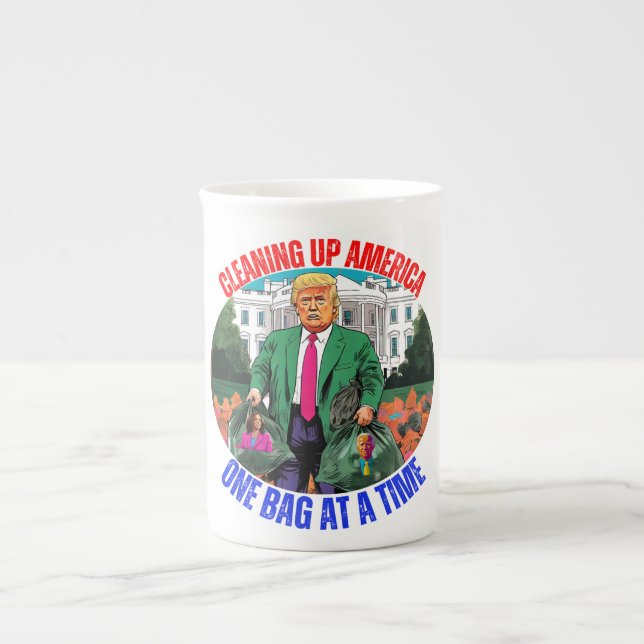 DONALD TRUMP-CLEANING UP AMERICA ONE BAG AT A TIME BONE CHINA MUG (Front)