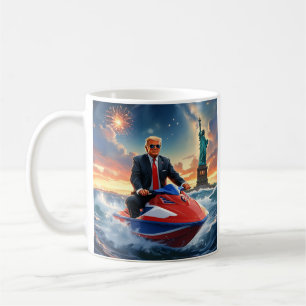 Donald Trump on Jetski Statue of Liberty Fireworks Coffee Mug