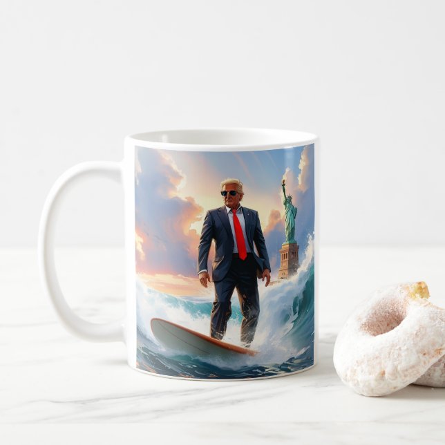 Donald Trump Surfing Statue of Liberty USA MAGA Coffee Mug (With Donut)