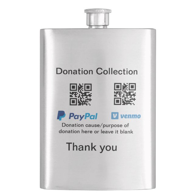 Donation Collection tip jar add your q r name caus Hip Flask (Front)