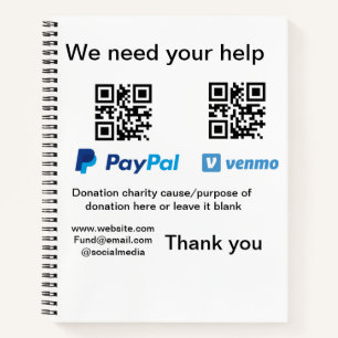 Donation Collection tip jar add your q r name caus Notebook