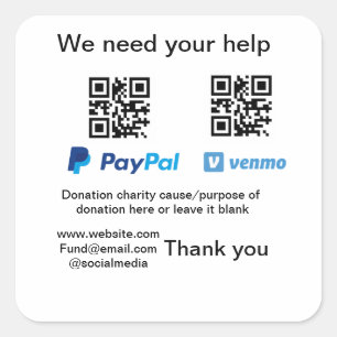 Donation Collection tip jar add your q r name caus Square Sticker