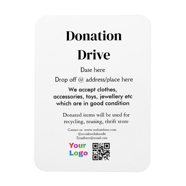 Donation drive add address date business name logo magnet (Vertical)