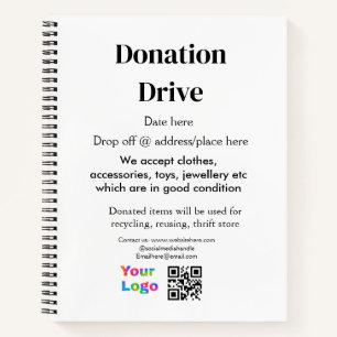 Donation drive add address date business name logo notebook