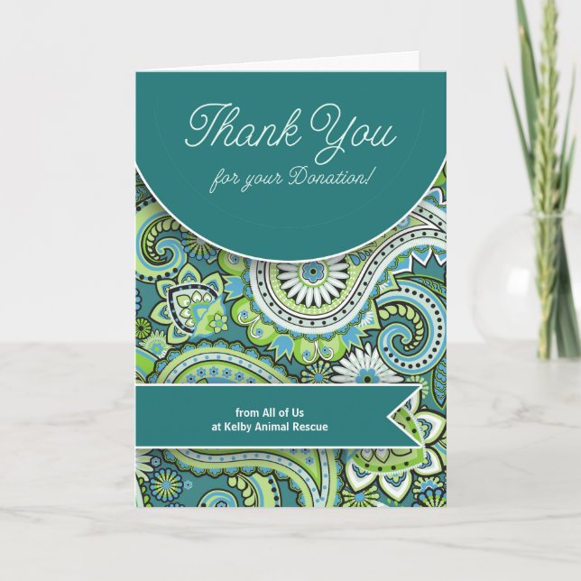 Donation Teal Green Paisley Custom Thank You Card (Front)