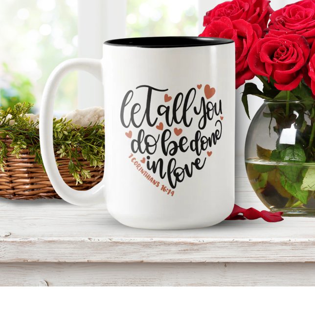 Done In Love | Heart Design Bible Verse Gift Two-Tone Coffee Mug (Done In Love | Heart Design Bible Verse Gift Two-Tone Coffee Mug)