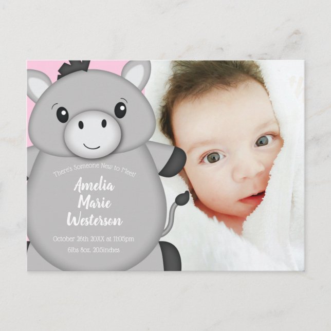 Donkey Baby Announcement Girl Pink Postcard (Front)