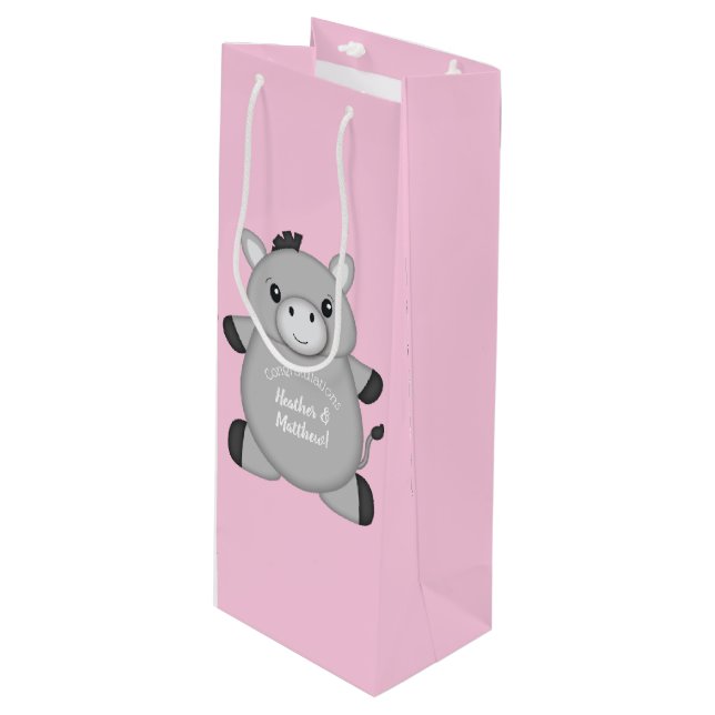 Donkey Baby Shower Pink Wine Gift Bag (Front Angled)