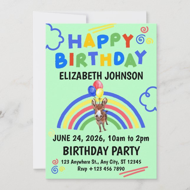 Donkey Birthday Invitation in Green (Front)