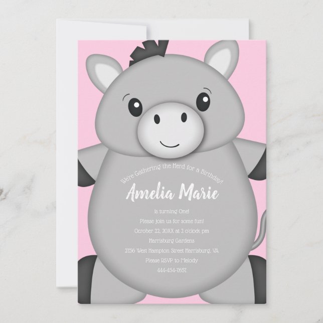 Donkey Birthday Party Pink Invitation (Front)