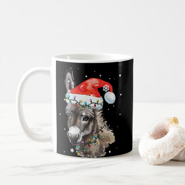 Donkey Christmas Colour Lights Santa Hat Donkey Coffee Mug (With Donut)