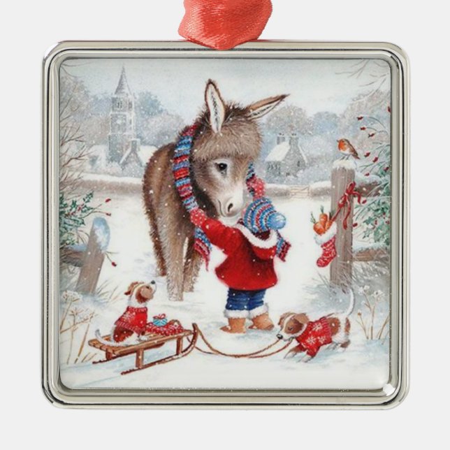 Donkey Christmas Cute Family  Metal Tree Decoration (Front)