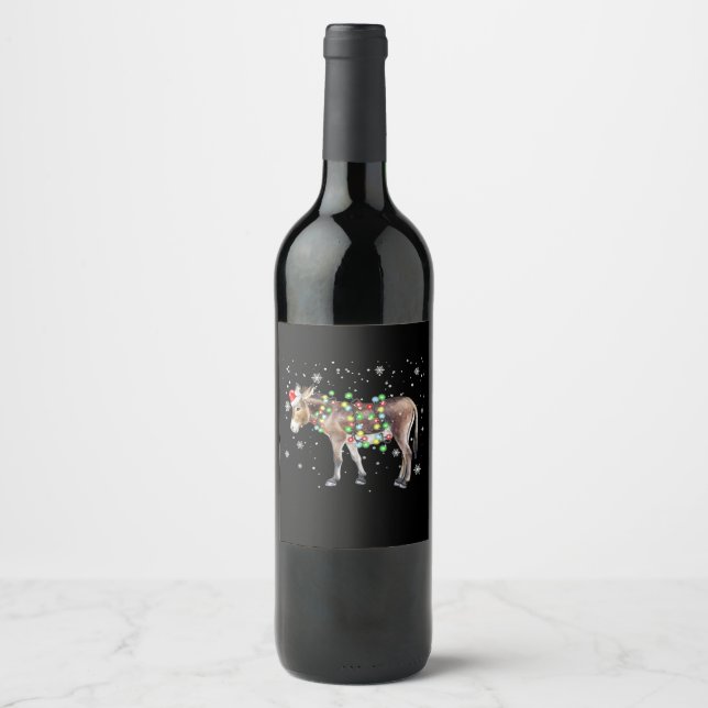 Donkey Christmas Lights Colour  | Santa Donkey Gif Wine Label (Front)