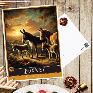 Donkey Cute Family Vintage Animal Postcard