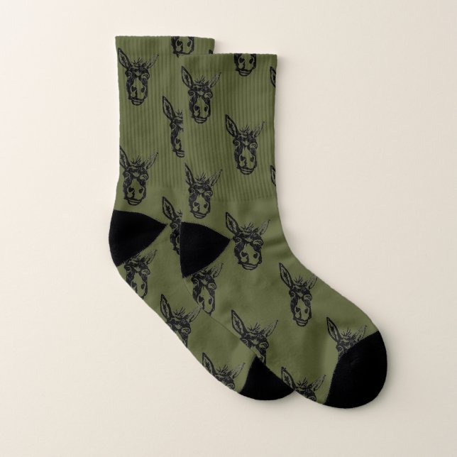 Donkey Face Stamp Olive Socks (Pair)