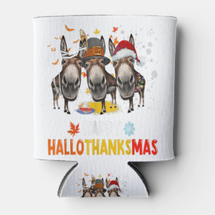 Donkey Happy HalloThanksMas Halloween Thanksgiving Can Cooler
