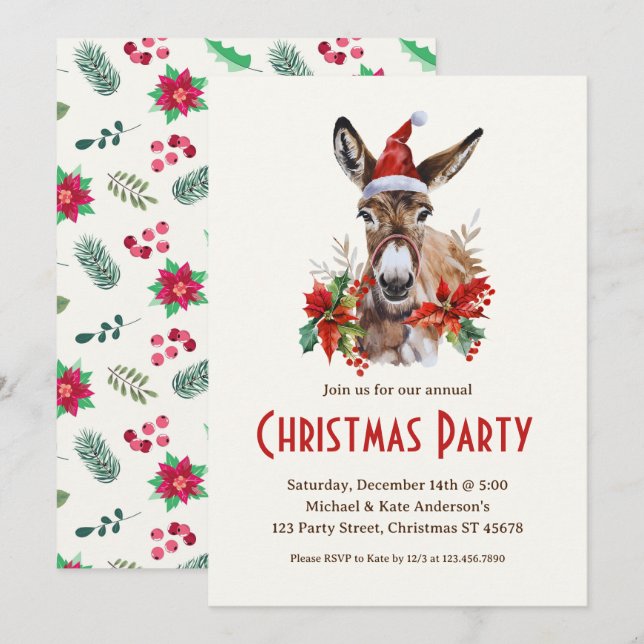 Donkey in Santa Hat Farm Animal Christmas Party  Invitation (Front/Back)