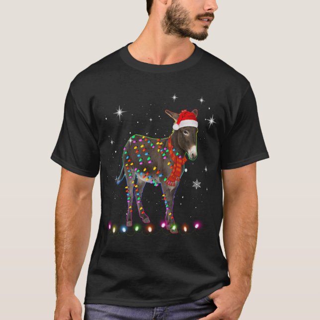 Donkey Lights Xmas Tree Funny Santa Donkey Christm T-Shirt (Front)