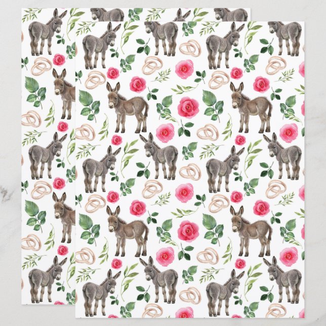 Donkey Pink Floral Rustic Wedding Scrapbook Paper (Front/Back)