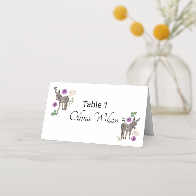 Donkey Purple Floral Rustic Wedding Place Card (Front)