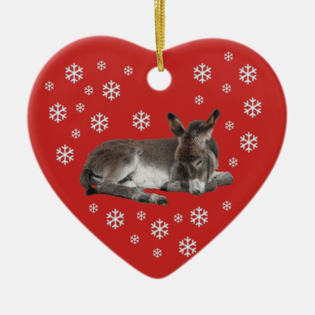 Donkey Snowflakes on Red Ceramic Tree Decoration (Front)