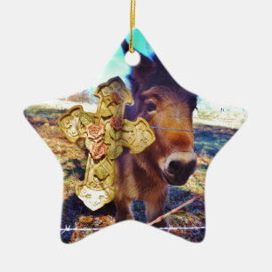 Donkey with Rose Cross Ceramic Tree Decoration