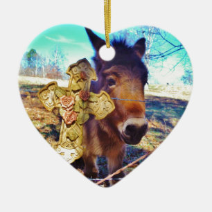 Donkey with Rose Cross Ceramic Tree Decoration