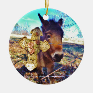 Donkey with Rose Cross Ceramic Tree Decoration