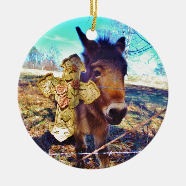 Donkey with Rose Cross Ceramic Tree Decoration (Front)