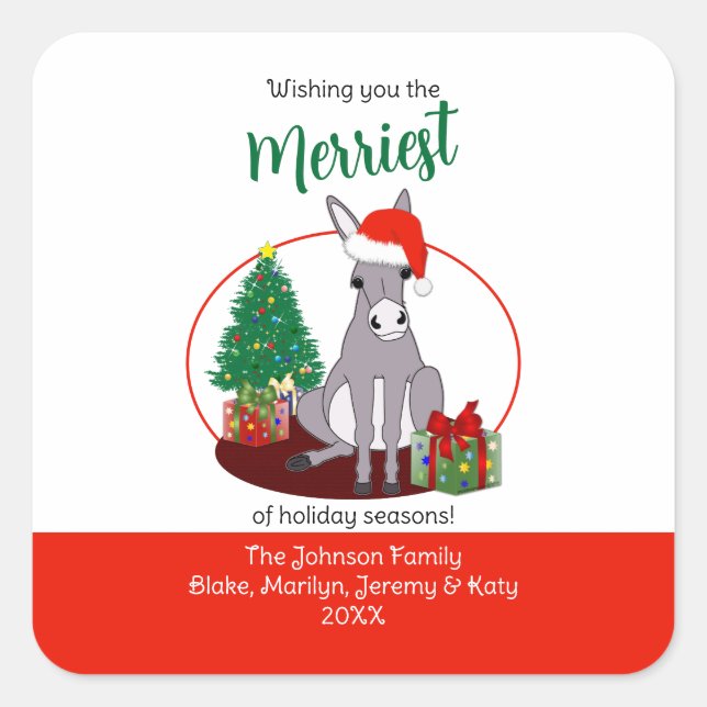 Donkey with Santa Hat Christmas Design Square Sticker (Front)