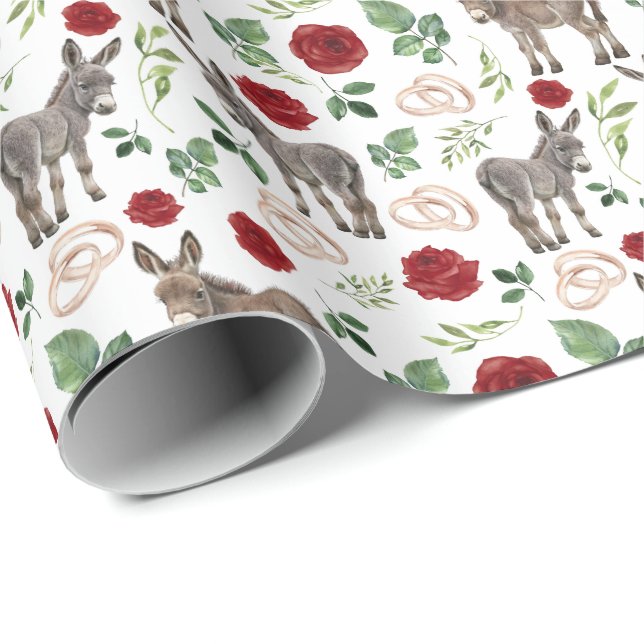 Donkeys and Red Roses Wedding Wrapping Paper (Roll Corner)