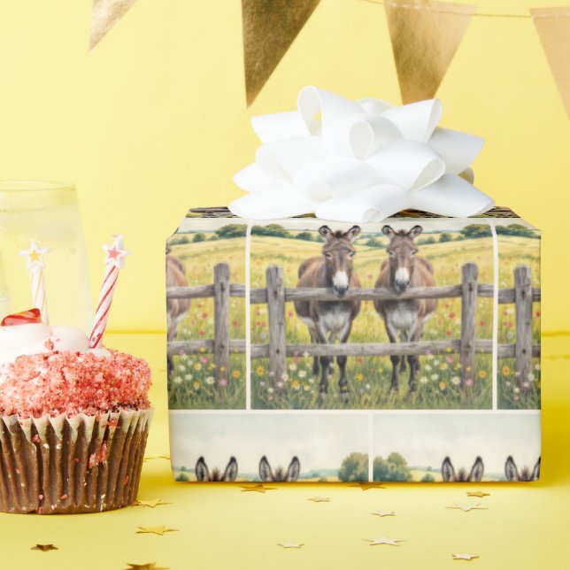 Donkeys By a Fence In a Farm Pasture Wrapping Paper (Birthday Party)