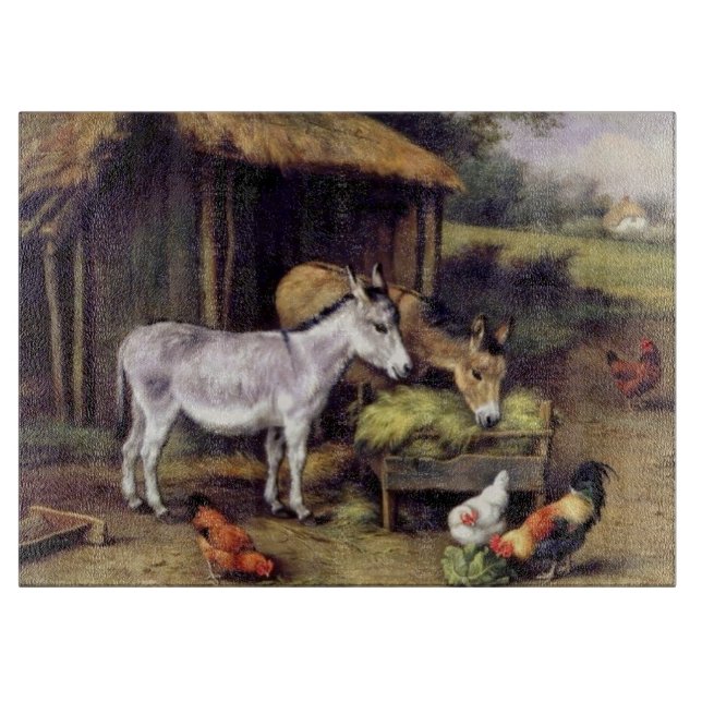 Donkeys Chicken Farm Animals Painting Cutting Board (Front)