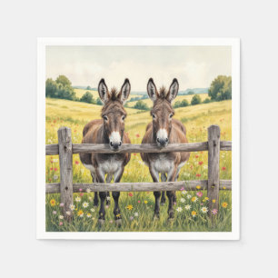 Donkeys Standing Behind a Fence In a Farm Pasture Napkin